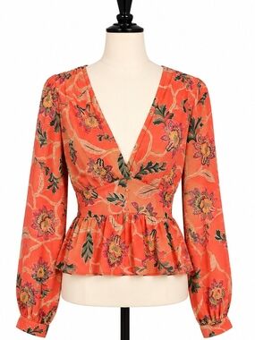 Flying Tomato Coral Floral V-Neck Peplum Blouse